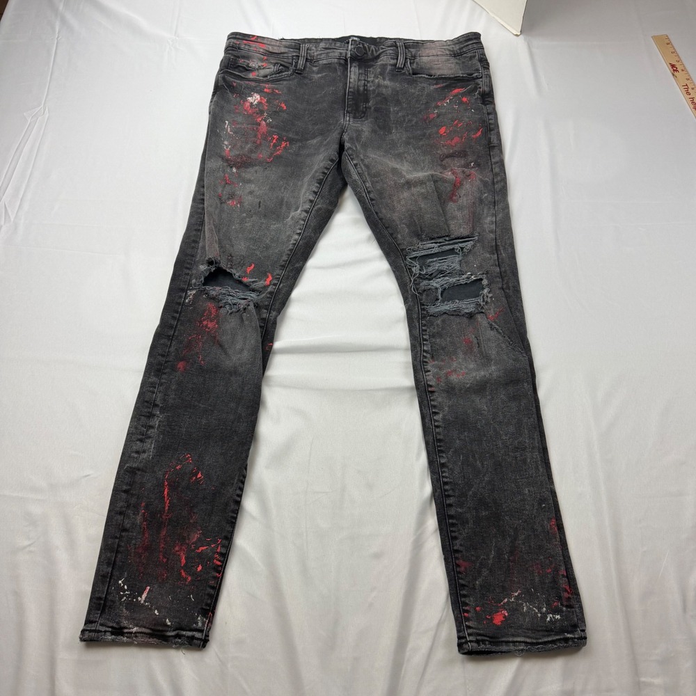 Jordan Craig Ross Fit Jeans Mens 38x33 Black Distressed Red Paint Splatter JR101
